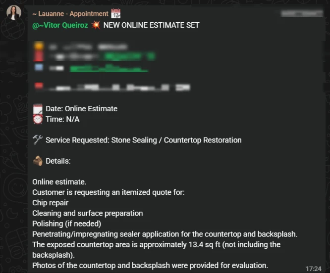 Booked appointment: stone sealing and countertop restoration estimate